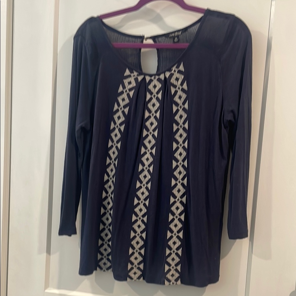 Lucky Brand Blue and Cream 3/4 Sleeve Cut Out Blouse